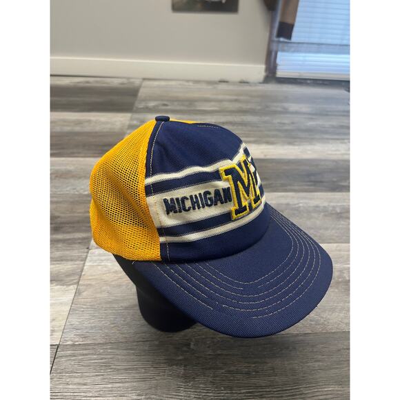 University of Michigan Trucker Hat Cap 80s 3 Stripe Foam Mesh Navy Blue Vintage‎ - Picture 10 of 10